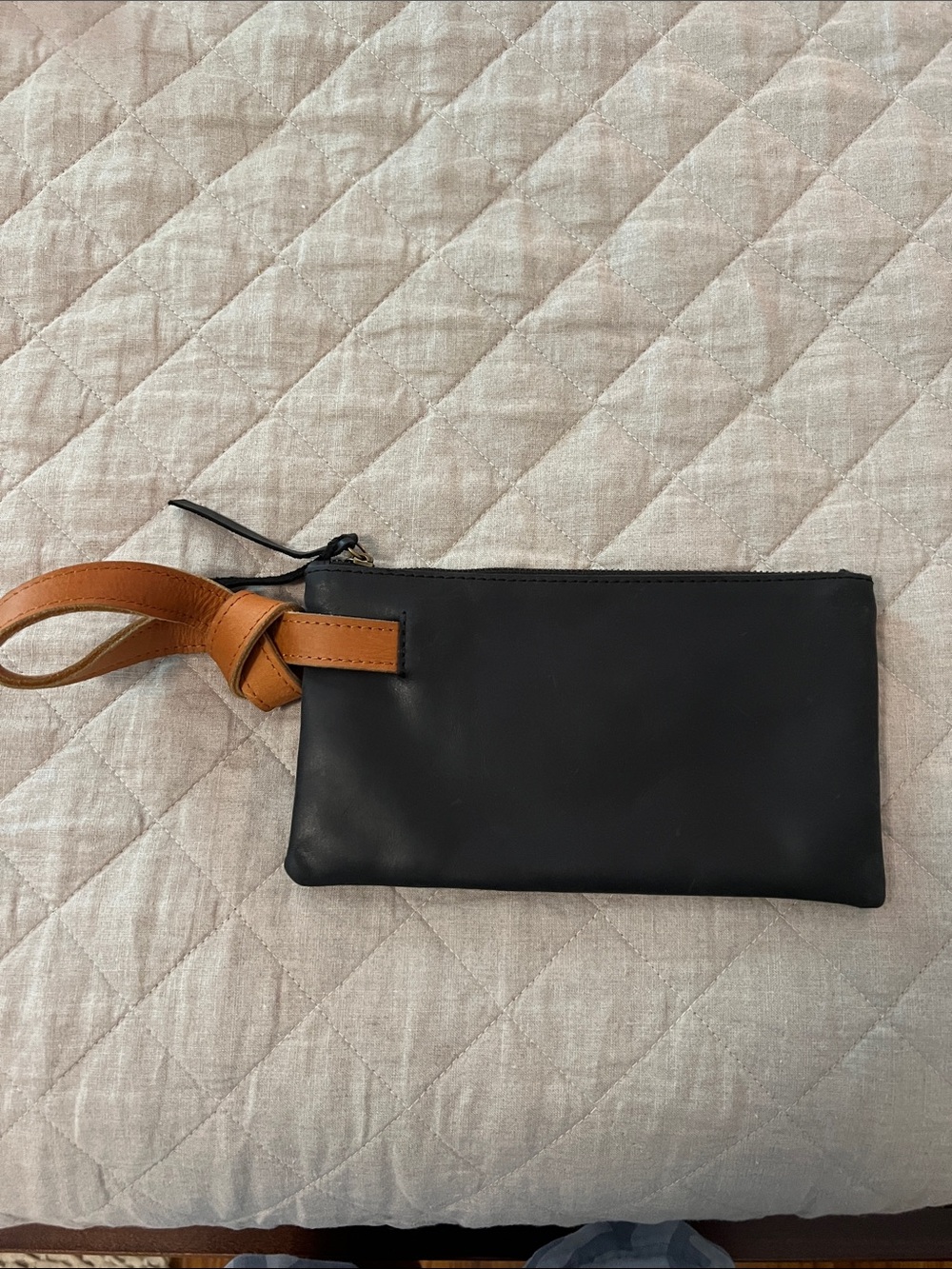 Able Black Leather Wristlet with Tan Strap